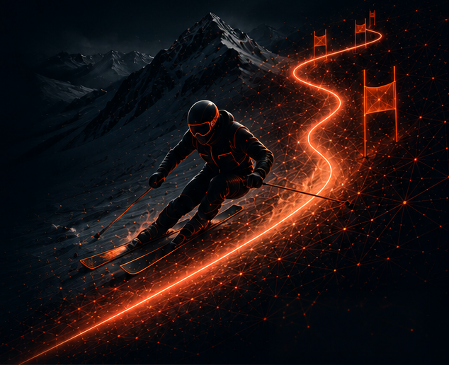 Ski racer carving through a gate in low alpine light