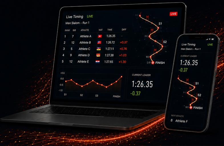Live race timing on a floodlit alpine course