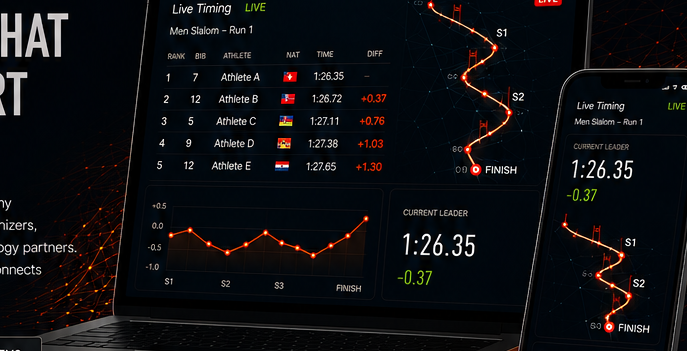 Live race timing on a floodlit alpine course
