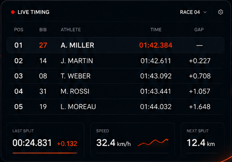 Live timing interface showing race positions, athlete names, times, gaps and split metrics
